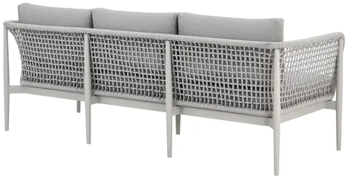 Rhodes Outdoor Patio Sofa in Aluminum with Light Gray Rope and Cushions