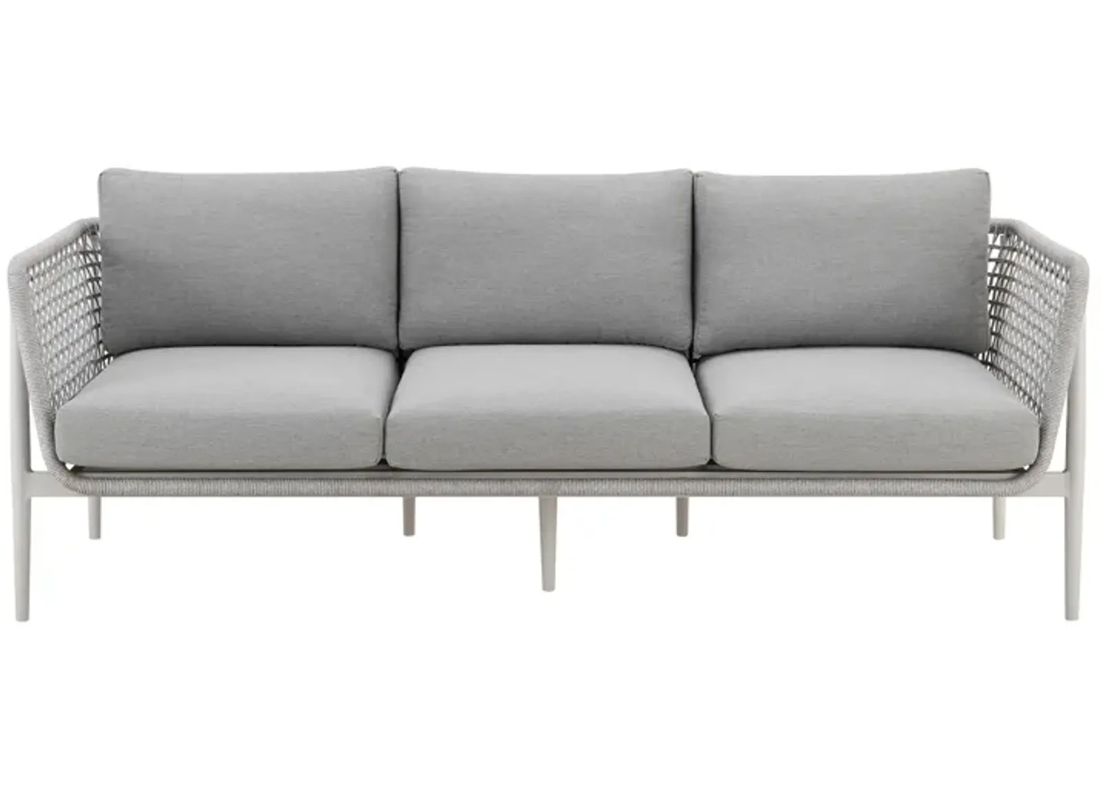 Rhodes Outdoor Patio Sofa in Aluminum with Light Gray Rope and Cushions