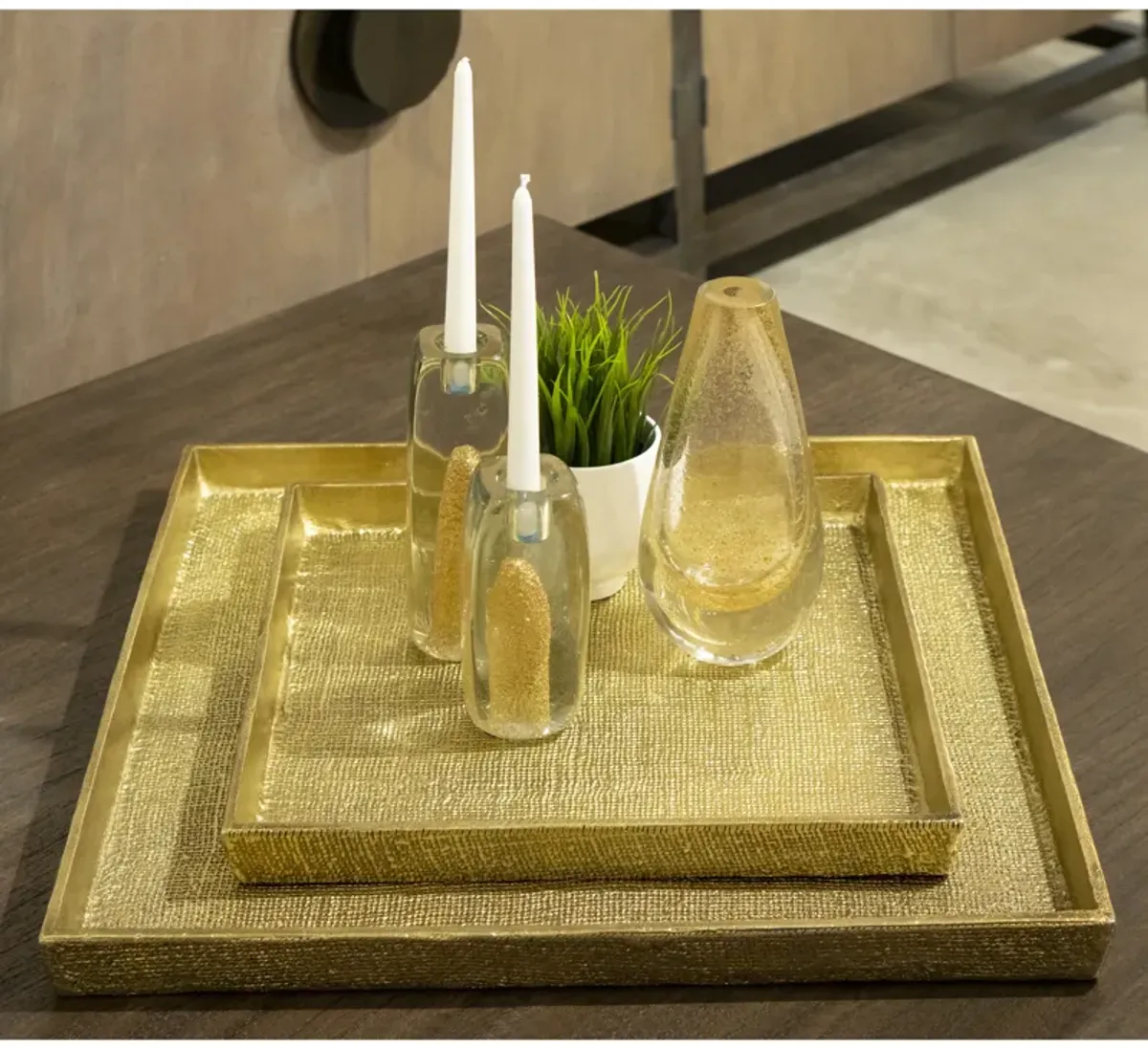 Square Linen Texture Tray - Set of 2 Brass