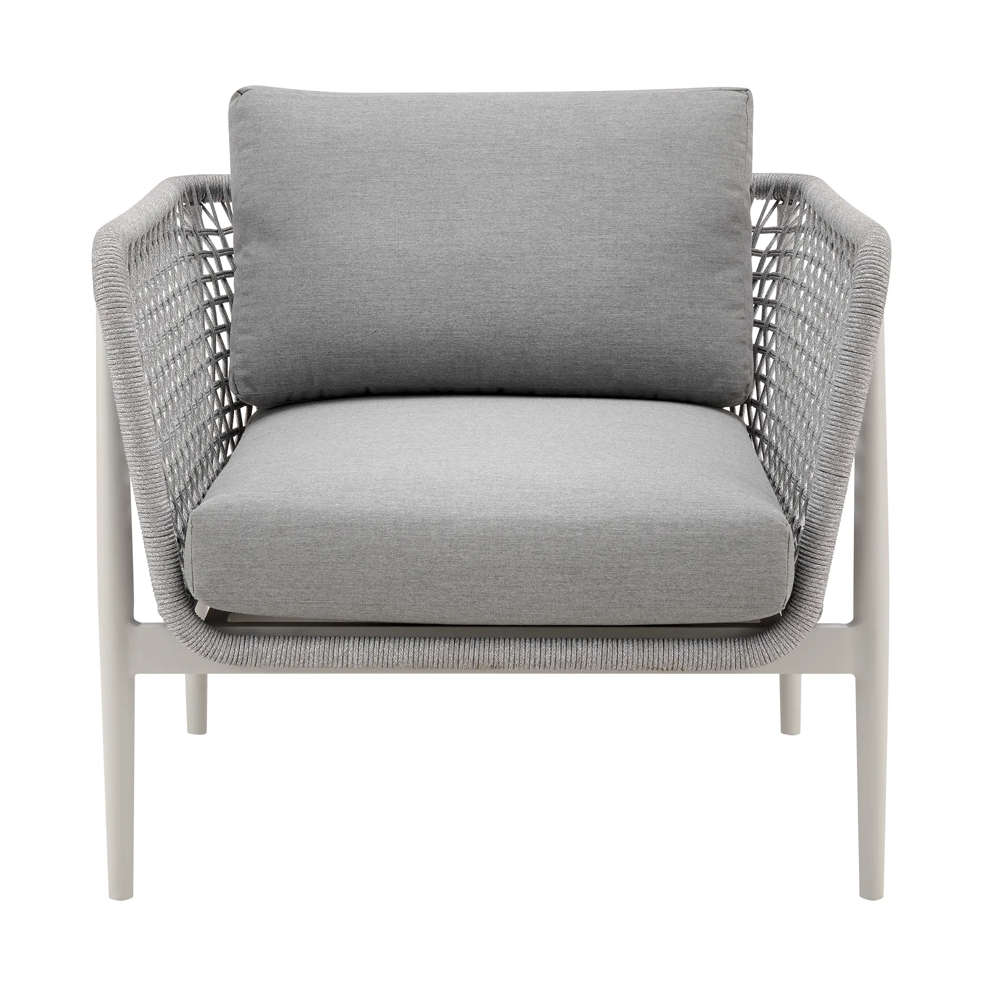 Rhodes Outdoor Patio Armchair in Aluminum with Light Gray Rope and Cushions