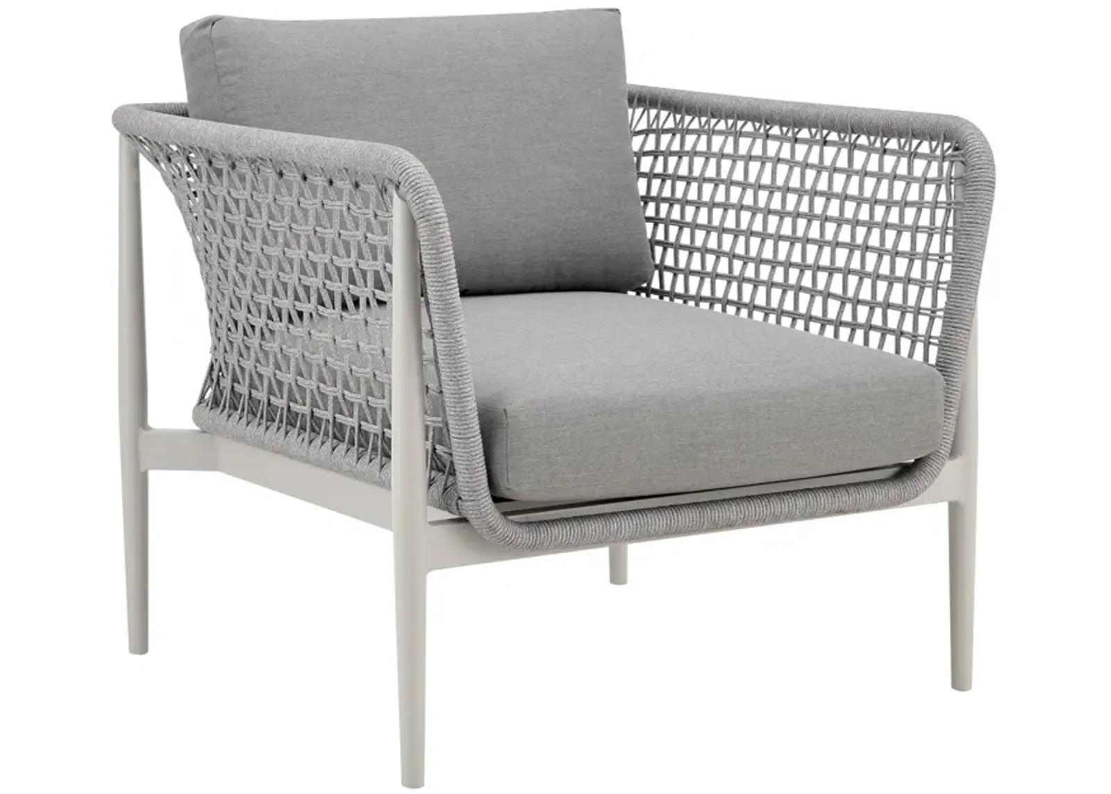 Rhodes Outdoor Patio Armchair in Aluminum with Light Gray Rope and Cushions