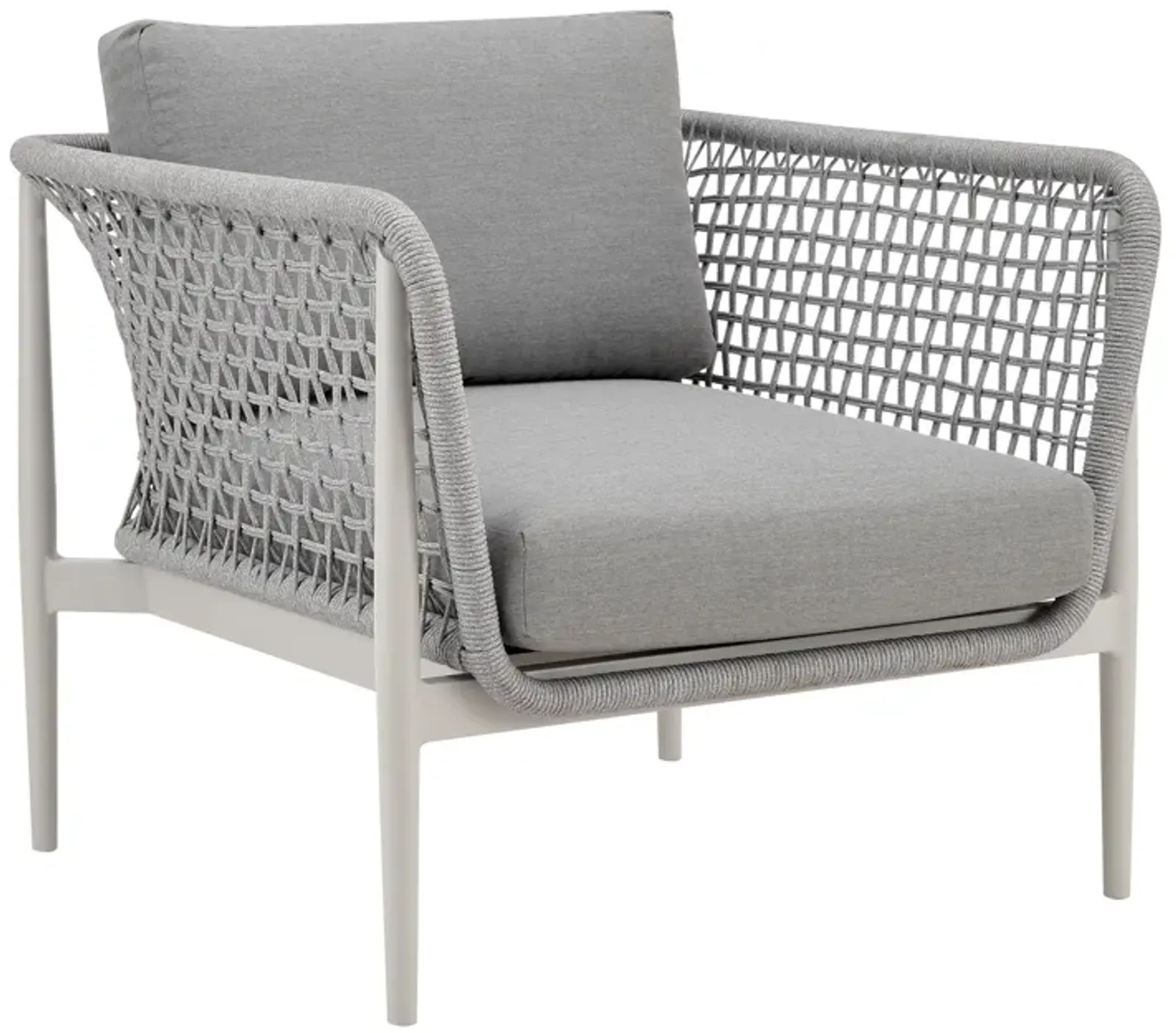 Rhodes Outdoor Patio Armchair in Aluminum with Light Gray Rope and Cushions