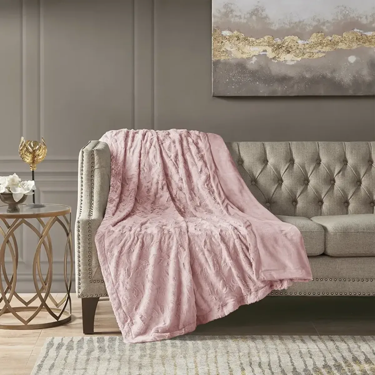 Madison Park Zuri Blush Oversized Faux Fur Throw