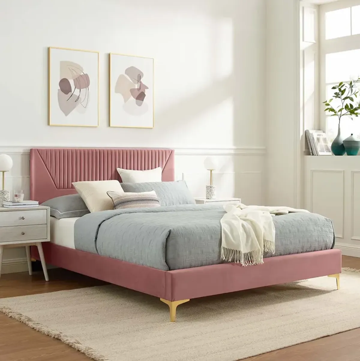 Yasmine Channel Tufted Performance Velvet Queen Platform Bed