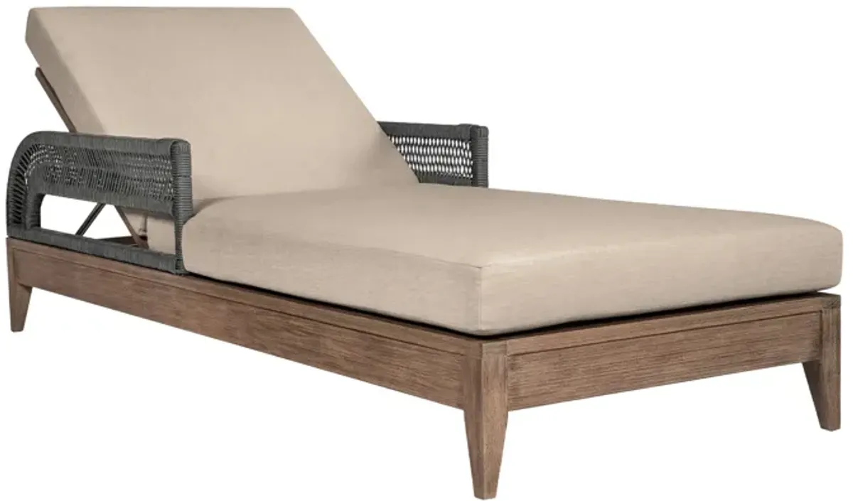 Orbit Outdoor Patio Chaise Lounge Chair in Weathered Eucalyptus Wood with Gray Rope and Taupe Olefin Cushions