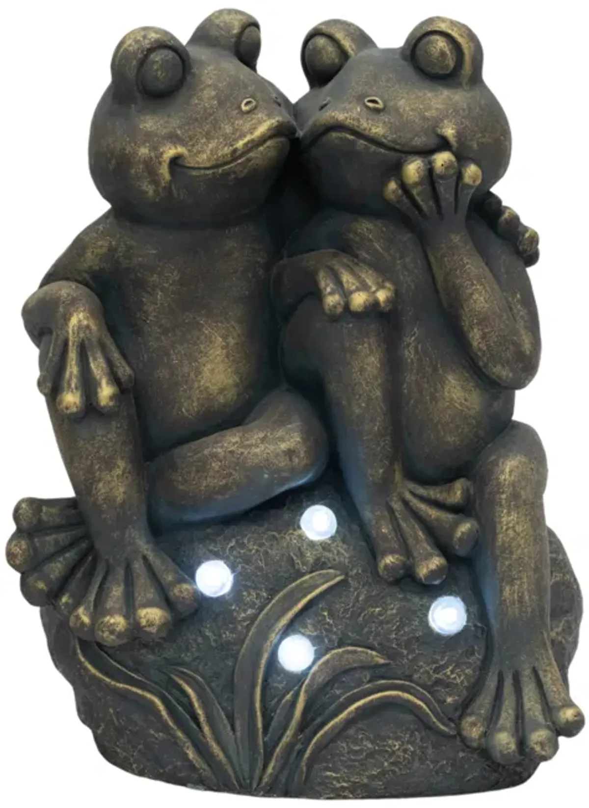 16" Cuddling Frogs On Rock With Solar Lights, Bron