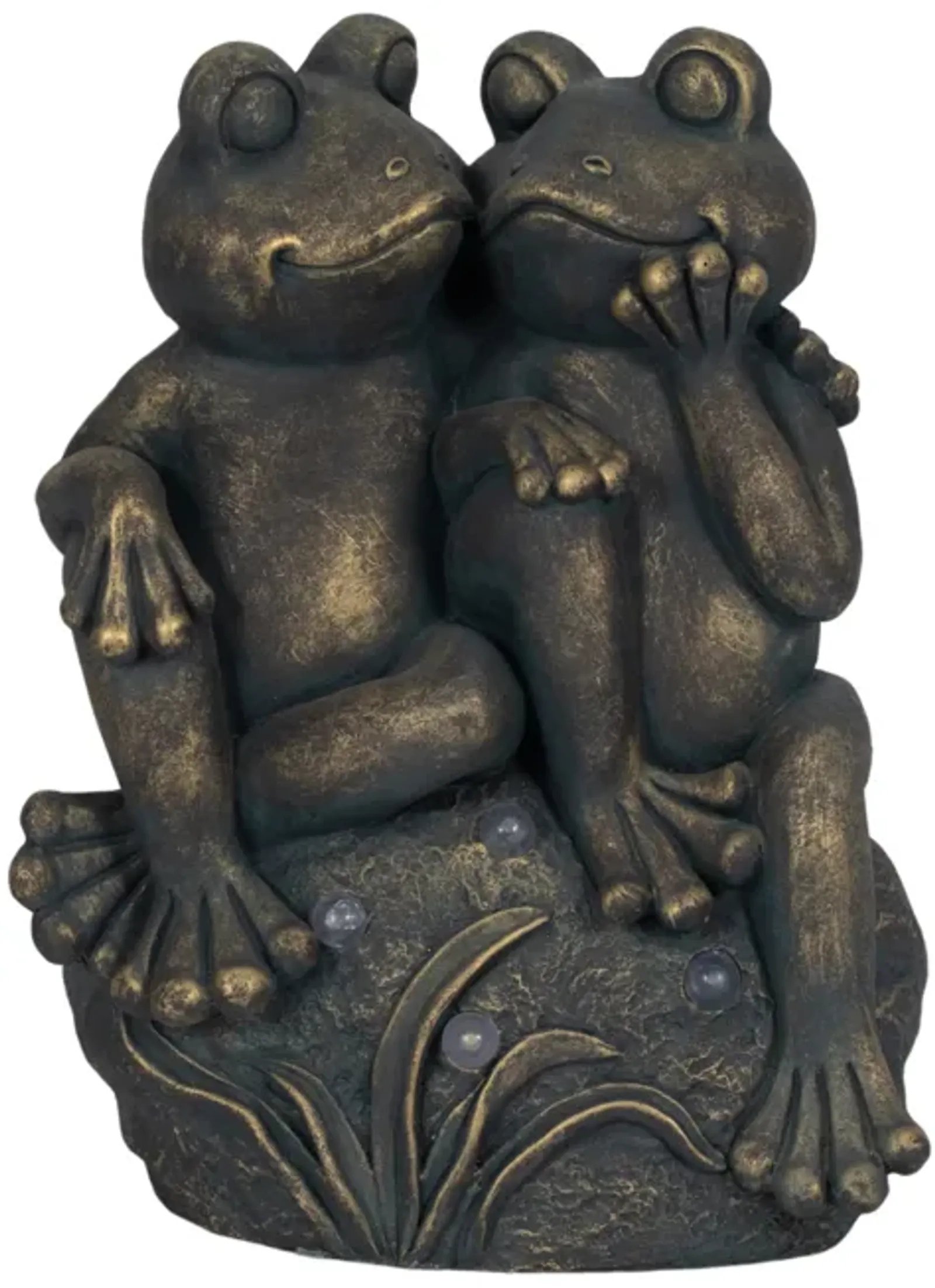 16" Cuddling Frogs On Rock With Solar Lights, Bron