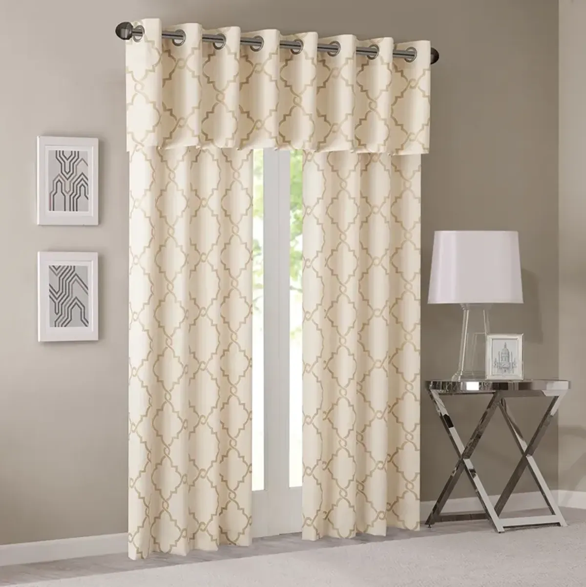 Madison Park Saratoga Beige/Gold Fretwork Print Grommet Top Window Valance