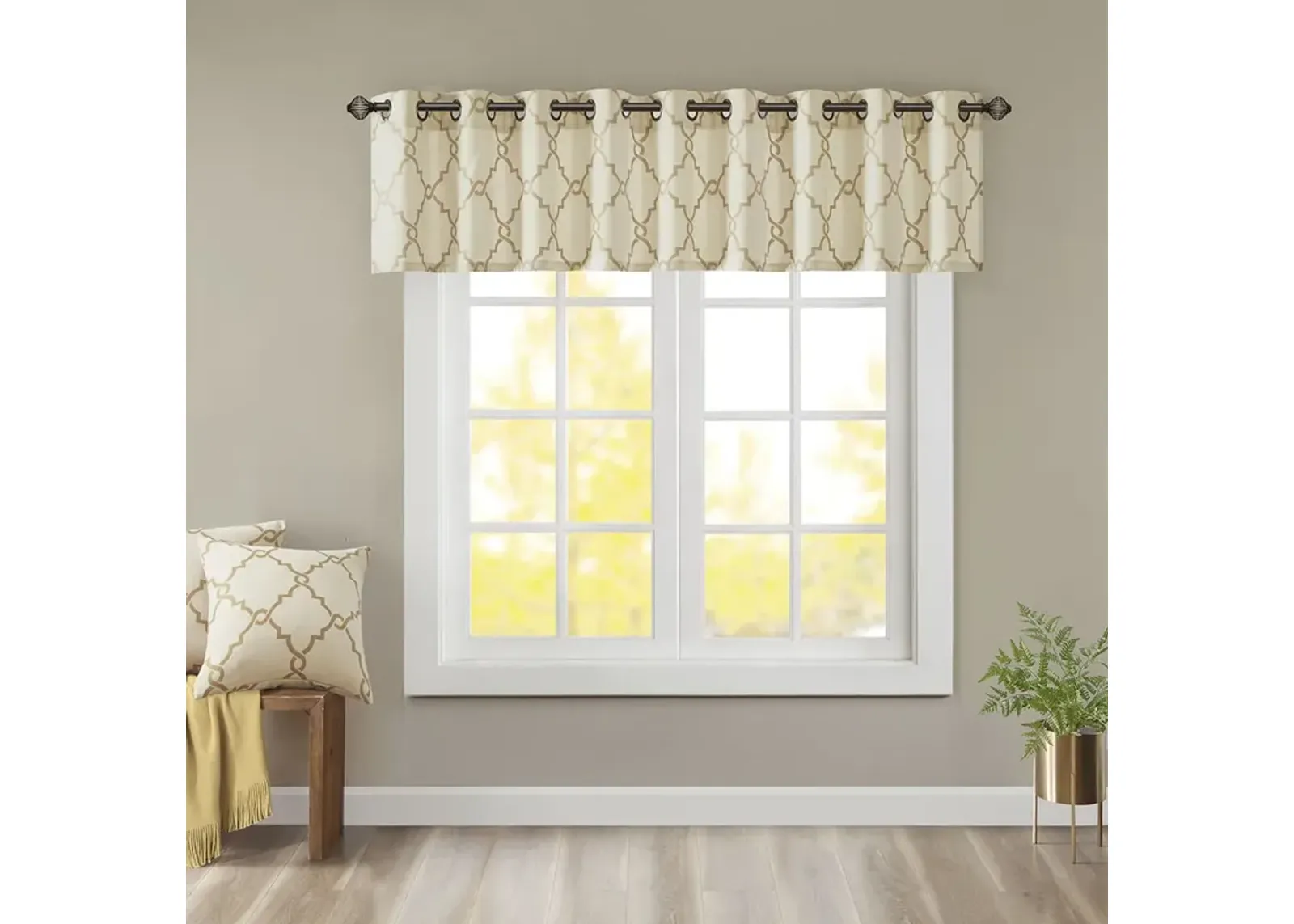 Madison Park Saratoga Beige/Gold Fretwork Print Grommet Top Window Valance