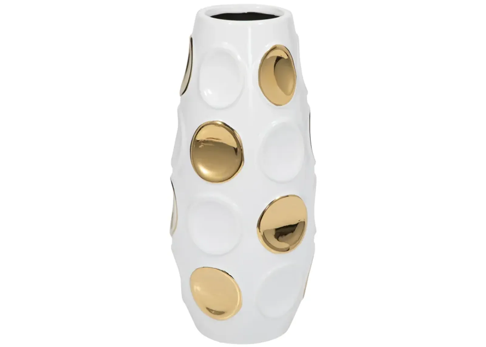 Stoneware, 13" Circle Embossed Vase, White/gold