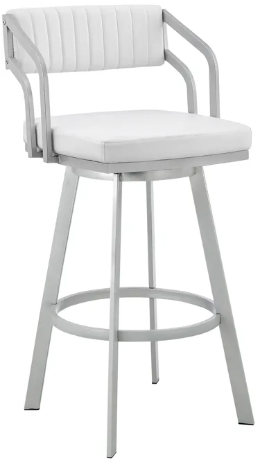 Capri 26" Swivel White Faux Leather and Silver Metal Bar Stool