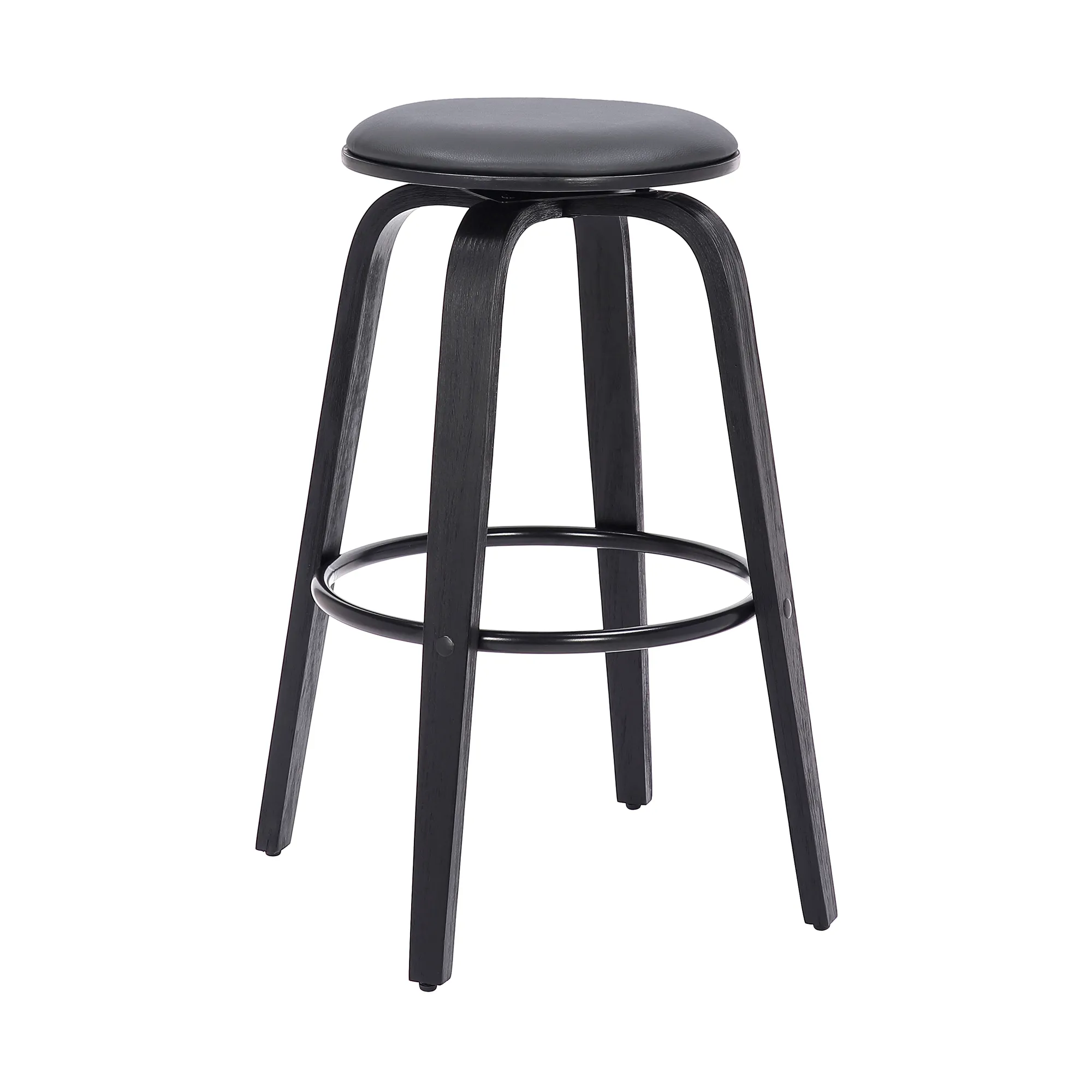 Harbor 30" Bar Height Backless Swivel Grey Faux Leather and Black Wood Mid-Century Modern Bar Stool