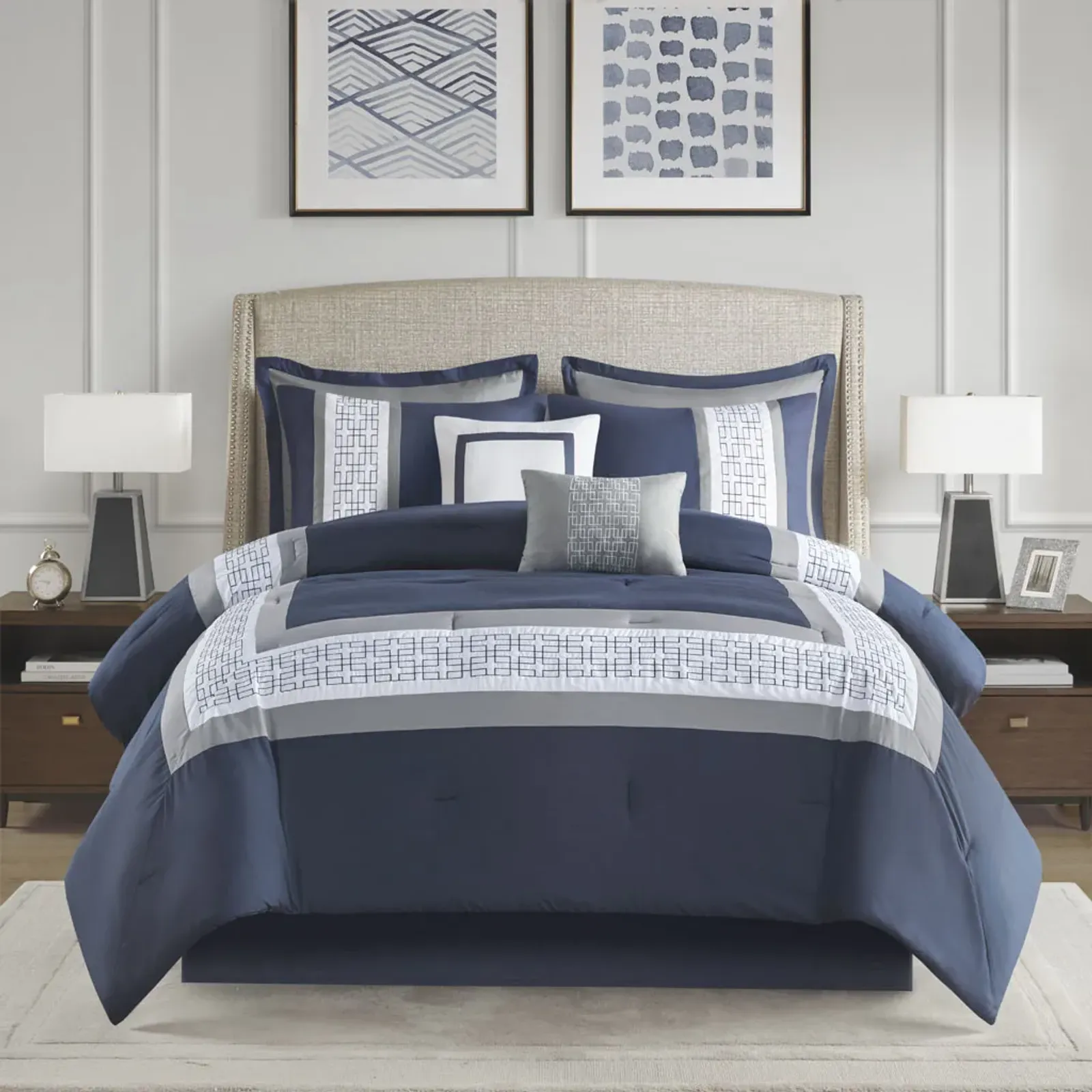 510 Design Powell Navy 8 Piece Embroidered Comforter Set