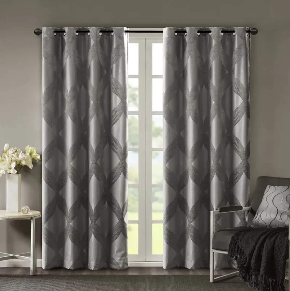 SunSmart Bentley Charcoal Ogee Knitted Jacquard Total Blackout Curtain Panel