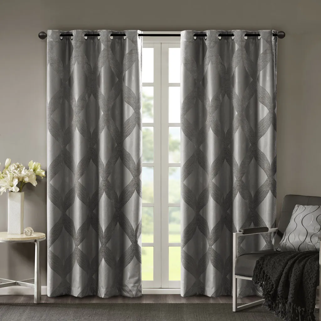 SunSmart Bentley Charcoal Ogee Knitted Jacquard Total Blackout Curtain Panel