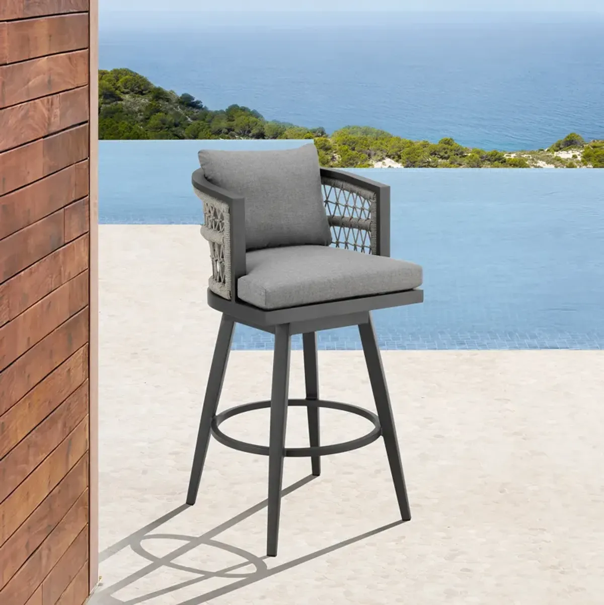 Zella Outdoor Patio Swivel Counter Stool in Aluminum with Light Gray Rope and Earl Gray Cushions