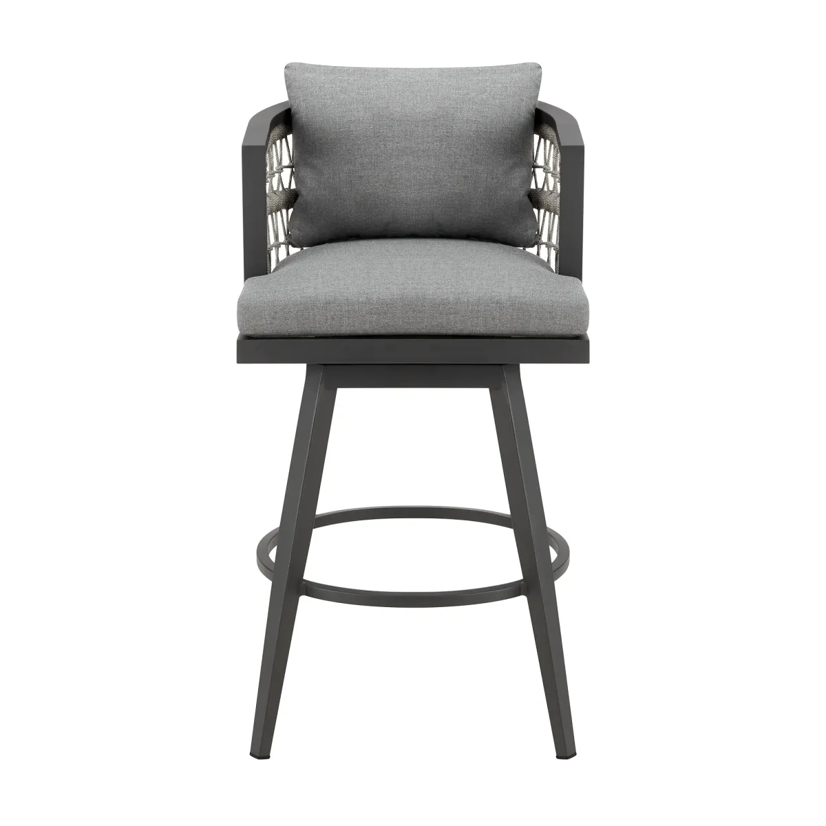 Zella Outdoor Patio Swivel Counter Stool in Aluminum with Light Gray Rope and Earl Gray Cushions