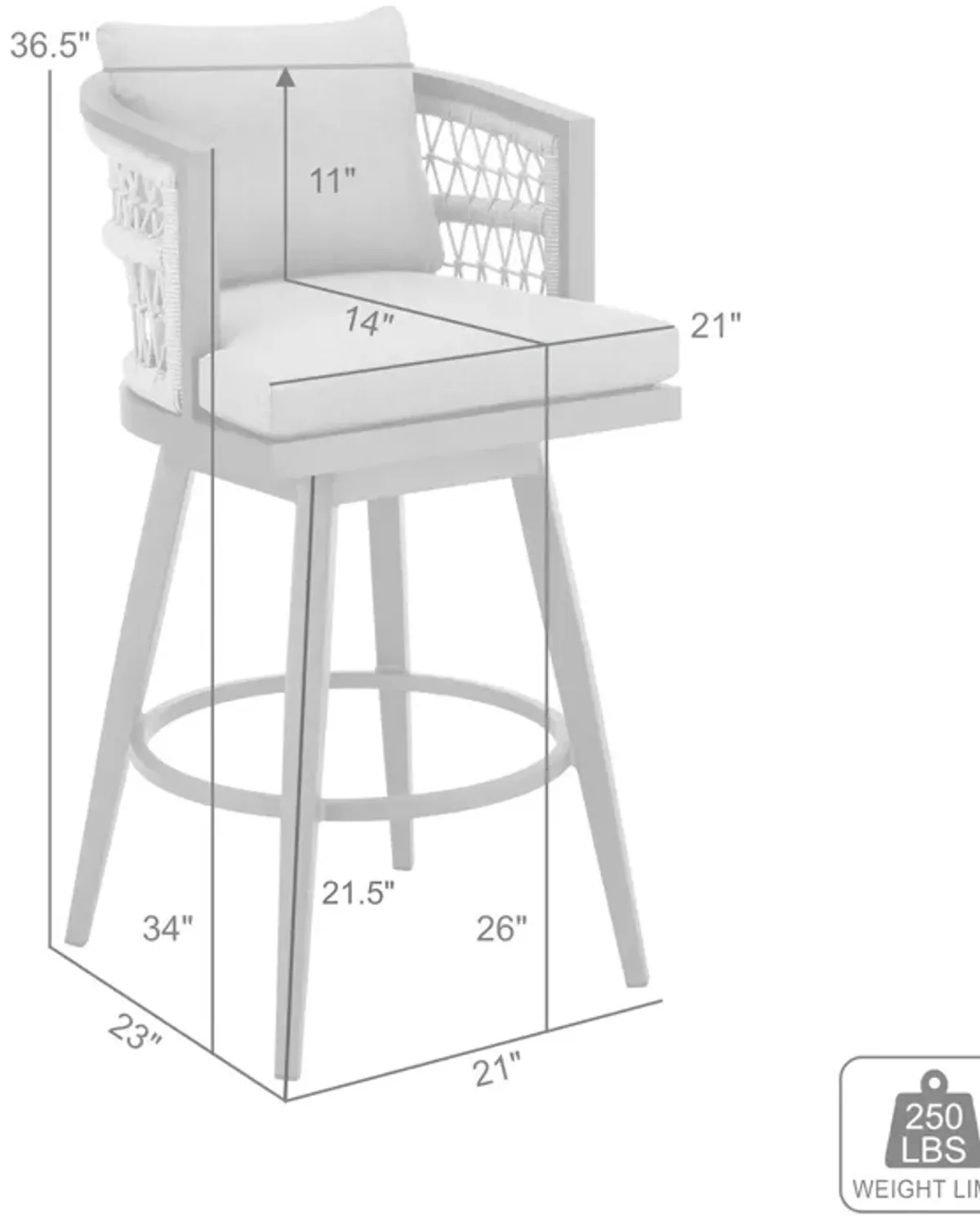 Zella Outdoor Patio Swivel Counter Stool in Aluminum with Light Gray Rope and Earl Gray Cushions