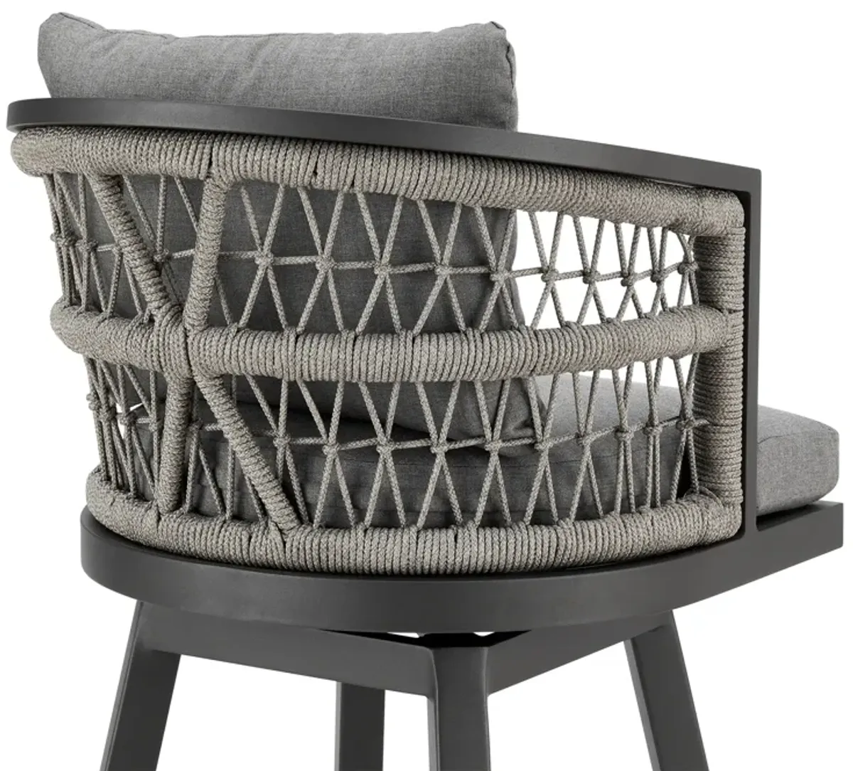 Zella Outdoor Patio Swivel Counter Stool in Aluminum with Light Gray Rope and Earl Gray Cushions