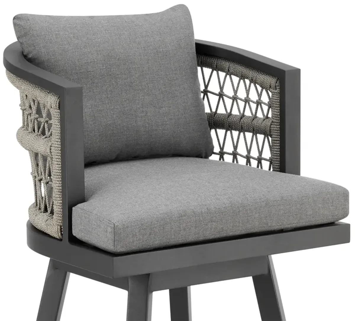 Zella Outdoor Patio Swivel Counter Stool in Aluminum with Light Gray Rope and Earl Gray Cushions