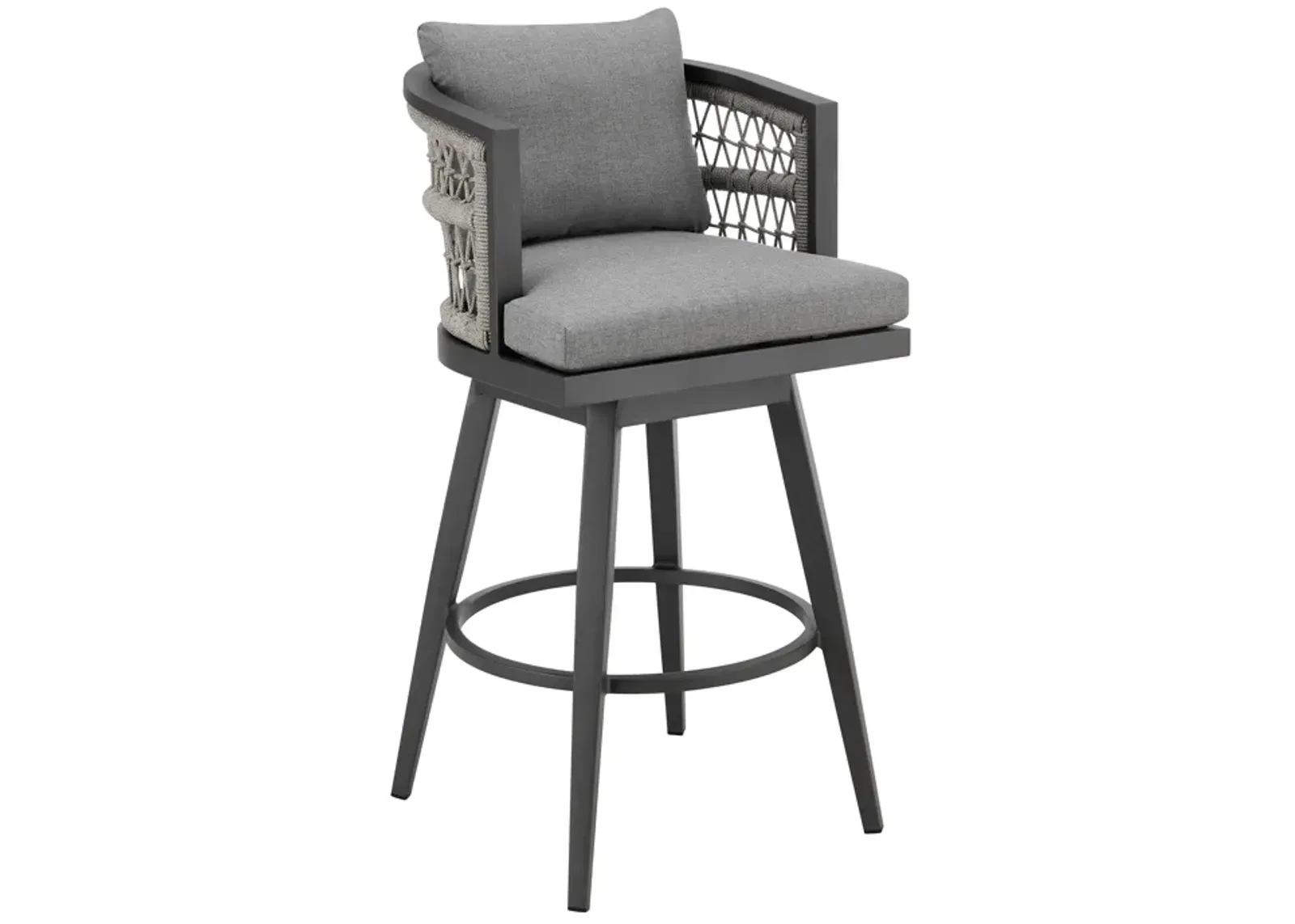 Zella Outdoor Patio Swivel Counter Stool in Aluminum with Light Gray Rope and Earl Gray Cushions