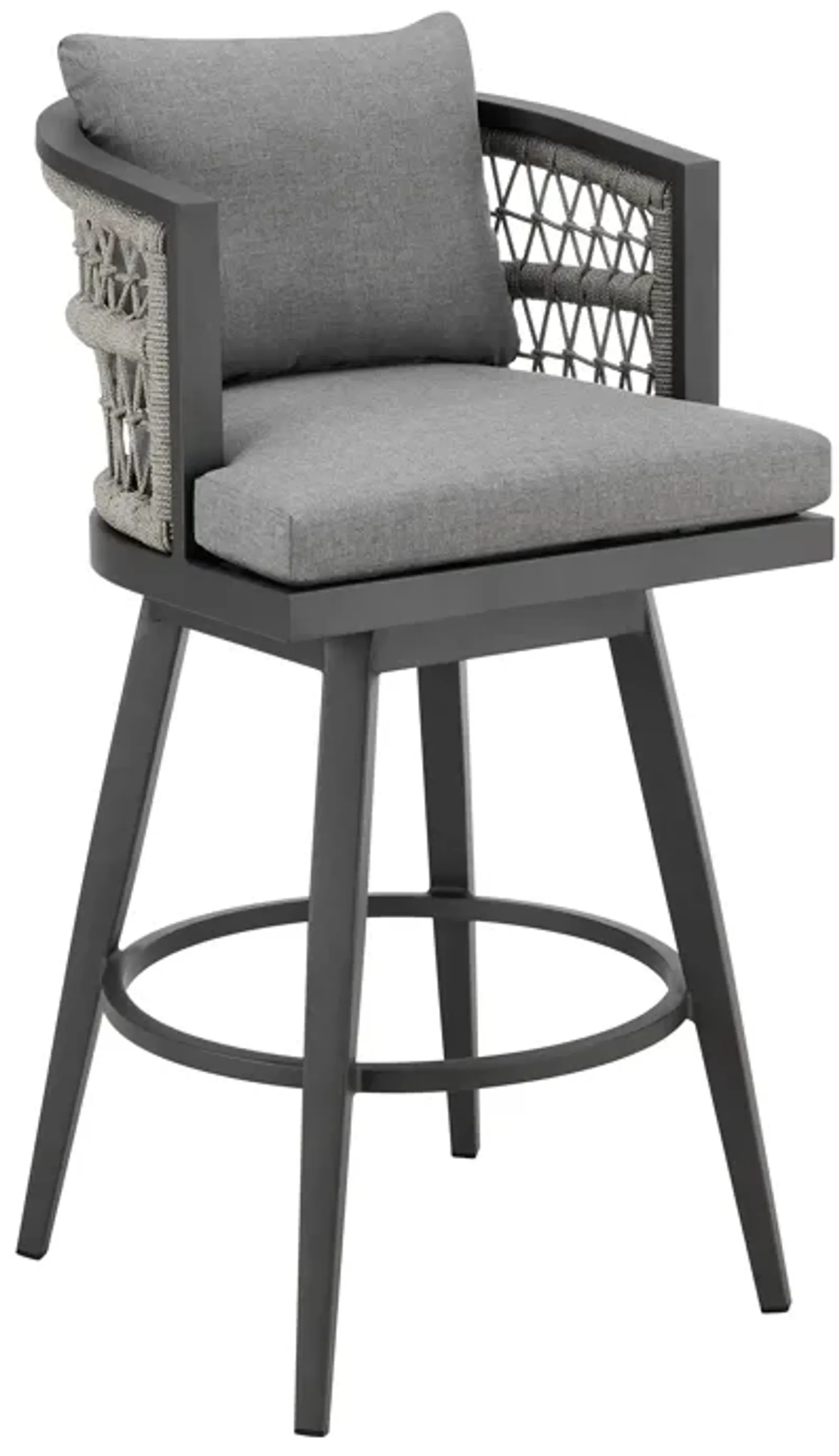 Zella Outdoor Patio Swivel Counter Stool in Aluminum with Light Gray Rope and Earl Gray Cushions