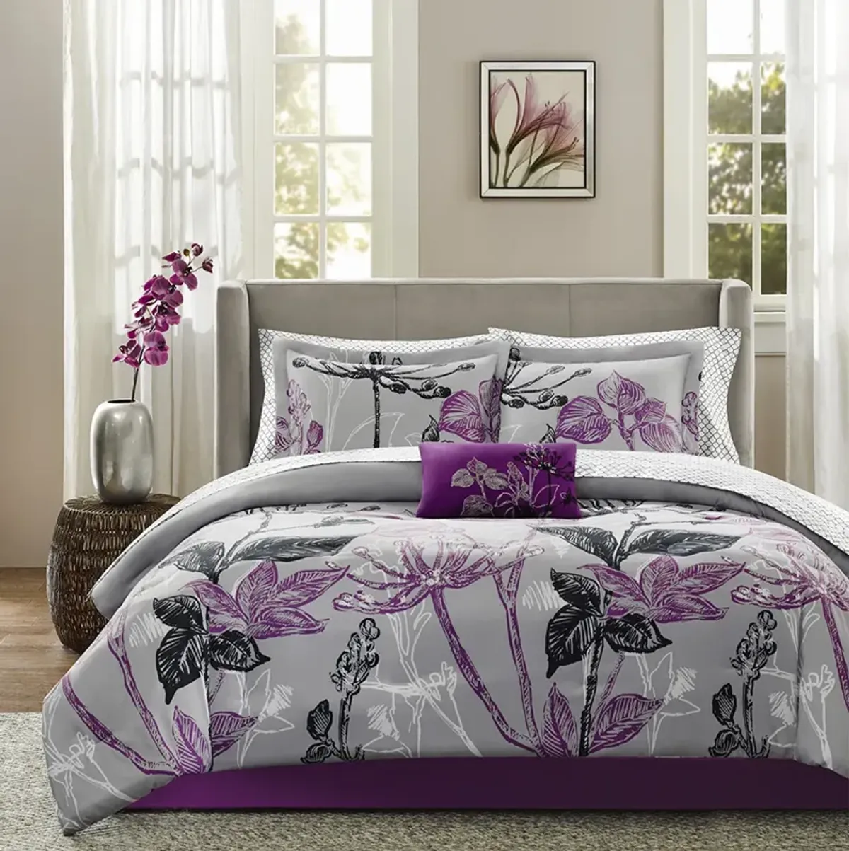 Madison Park Essentials Claremont Purple 7 Piece Comforter Set with Cotton Bed Sheets