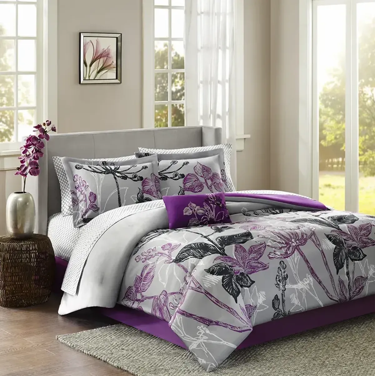 Madison Park Essentials Claremont Purple 7 Piece Comforter Set with Cotton Bed Sheets