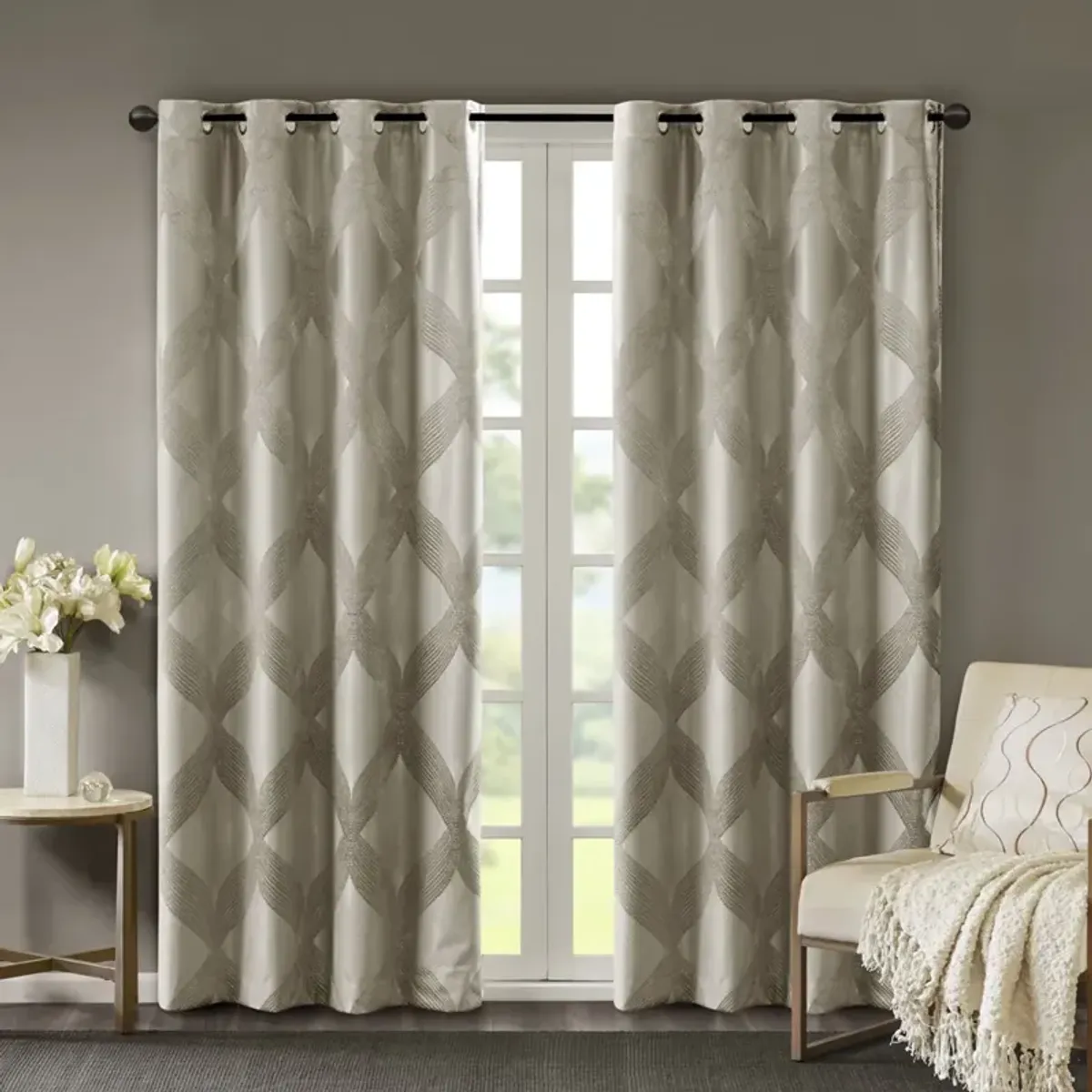 SunSmart Bentley Taupe Ogee Knitted Jacquard Total Blackout Curtain Panel