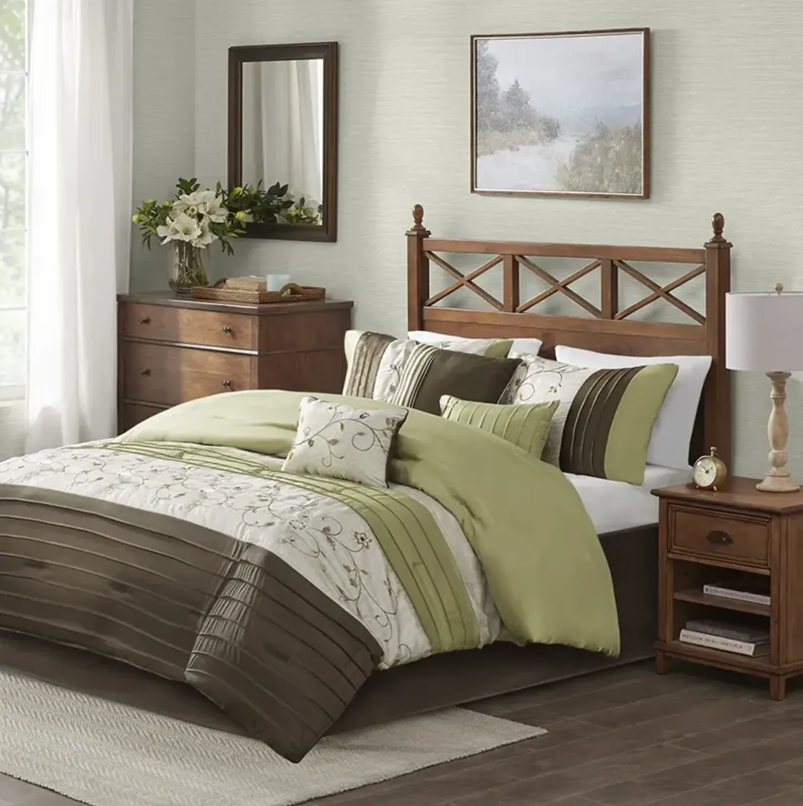 Madison Park Serene Green Embroidered 7 Piece Comforter Set