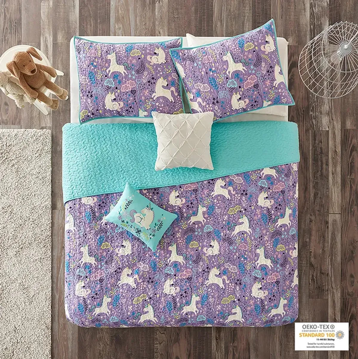 Urban Habitat Kids Lola Purple Unicorn Reversible Cotton  Quilt Set with Throw Pillows