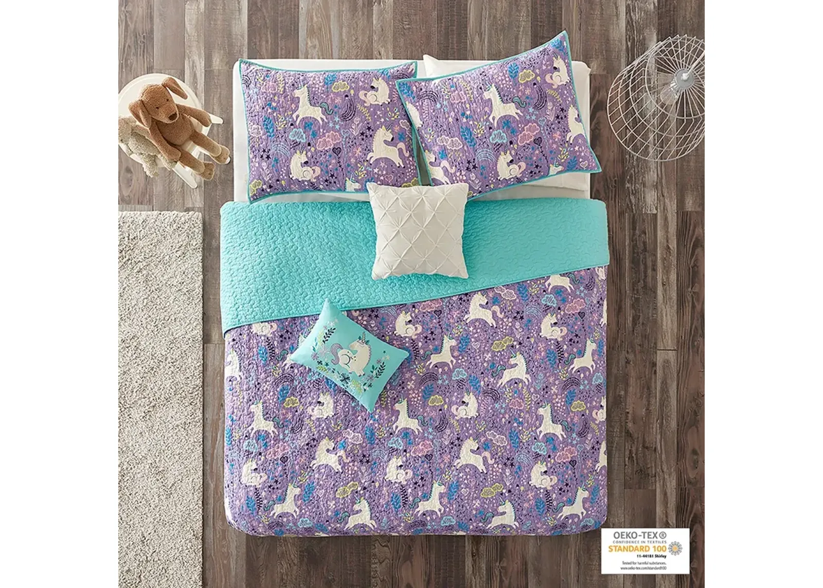 Urban Habitat Kids Lola Purple Unicorn Reversible Cotton  Quilt Set with Throw Pillows