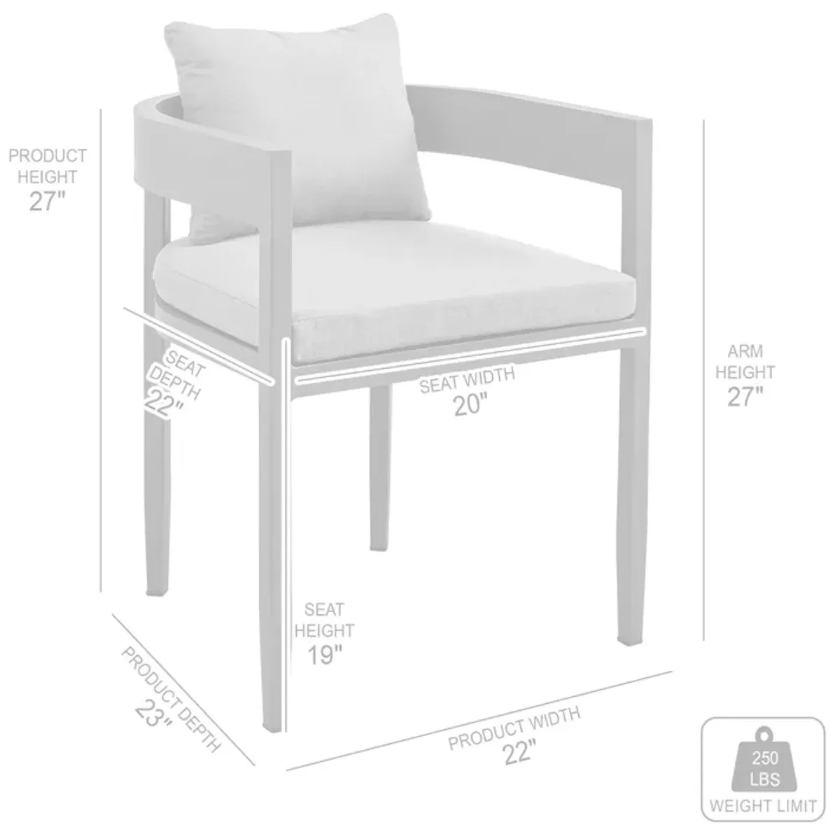 Menorca Outdoor Patio Dining Chairs in Aluminum with Grey Cushions - Set of 2