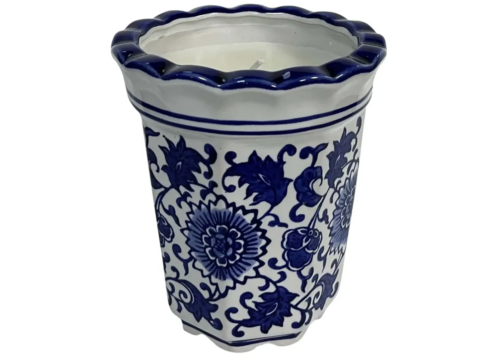 4", 7oz Fluted Chinoiserie Candle , Blue/white