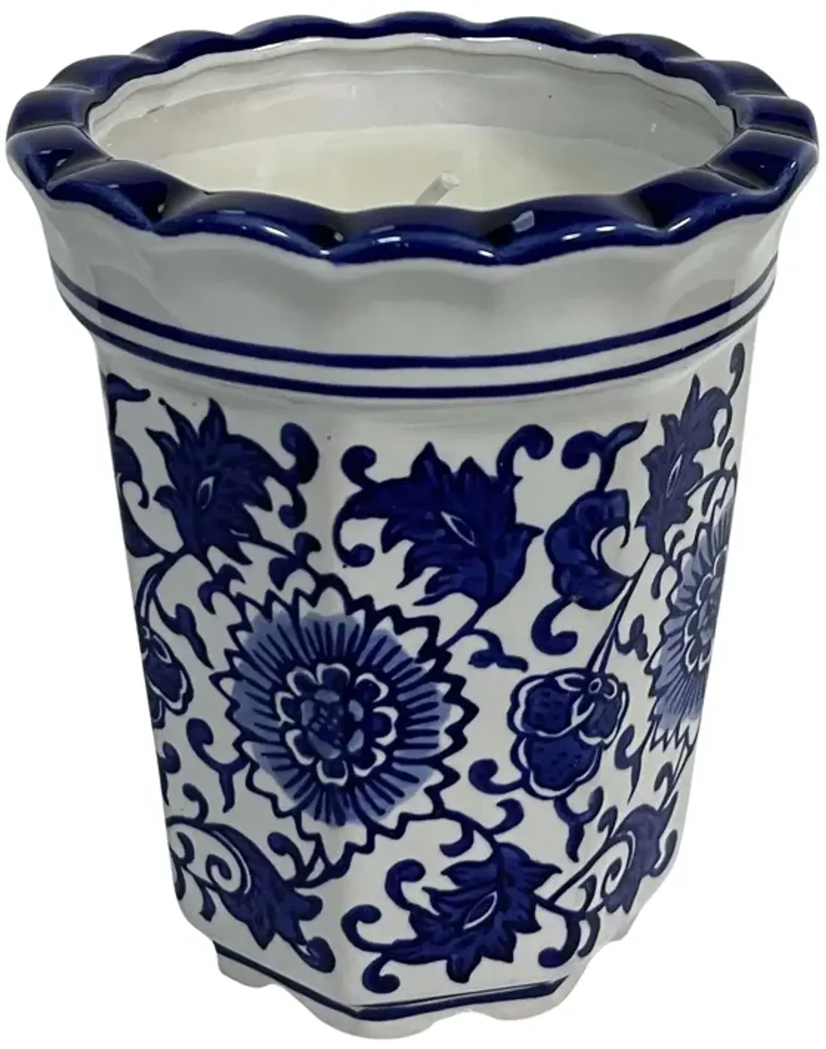 4", 7oz Fluted Chinoiserie Candle , Blue/white