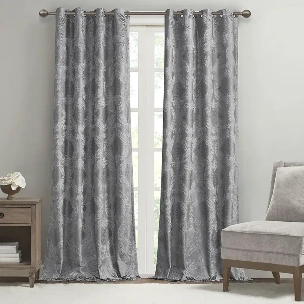 SunSmart Amelia Grey Knitted Jacquard Paisley Total Blackout Grommet Top Curtain Panel