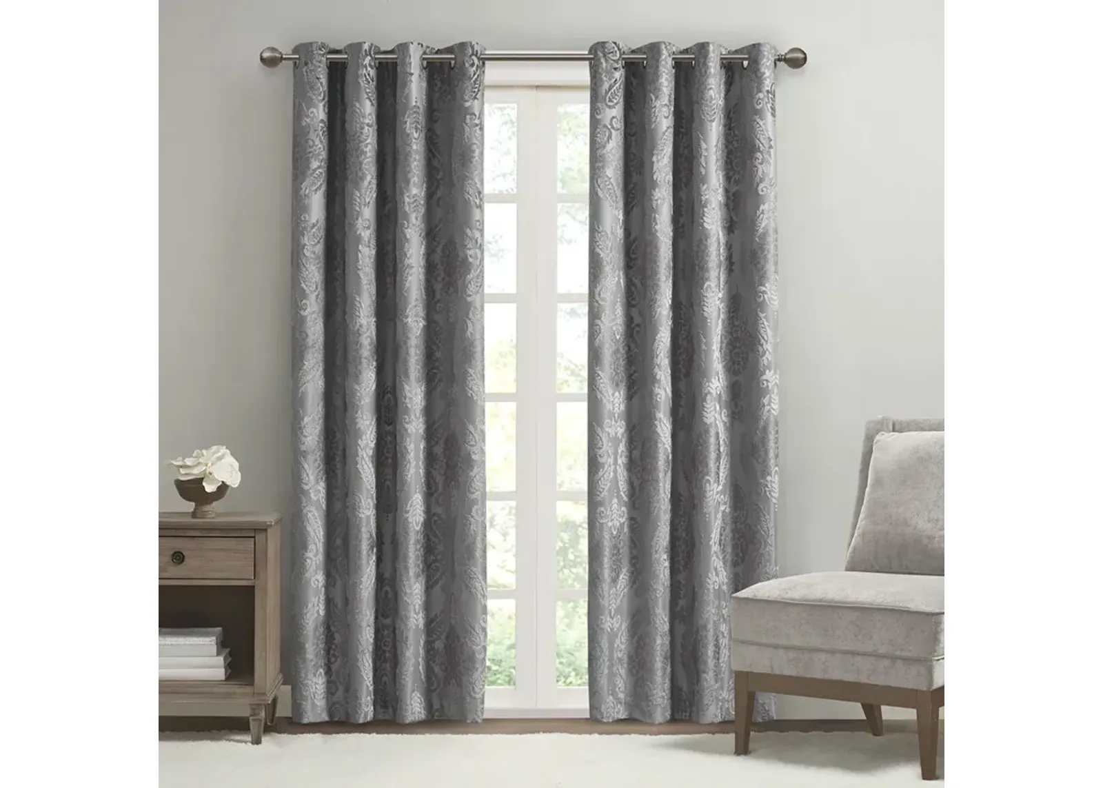 SunSmart Amelia Grey Knitted Jacquard Paisley Total Blackout Grommet Top Curtain Panel