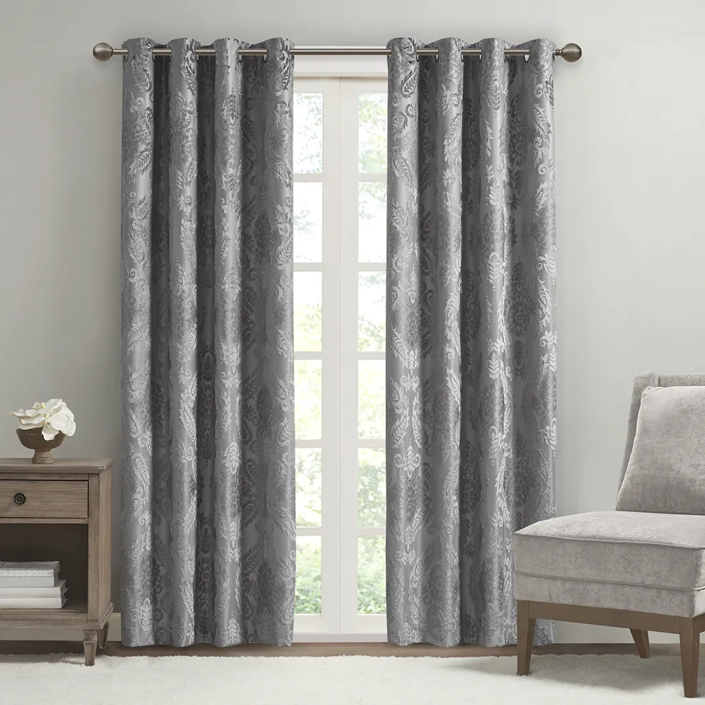 SunSmart Amelia Grey Knitted Jacquard Paisley Total Blackout Grommet Top Curtain Panel