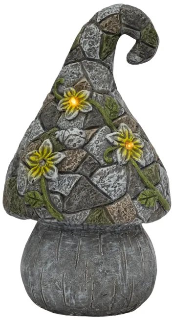 14" Mushroom Statue With Solar Flowers, Grey Multi