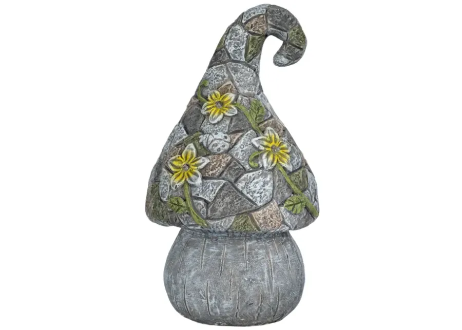 14" Mushroom Statue With Solar Flowers, Grey Multi