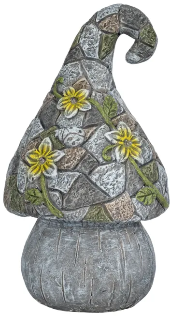 14" Mushroom Statue With Solar Flowers, Grey Multi