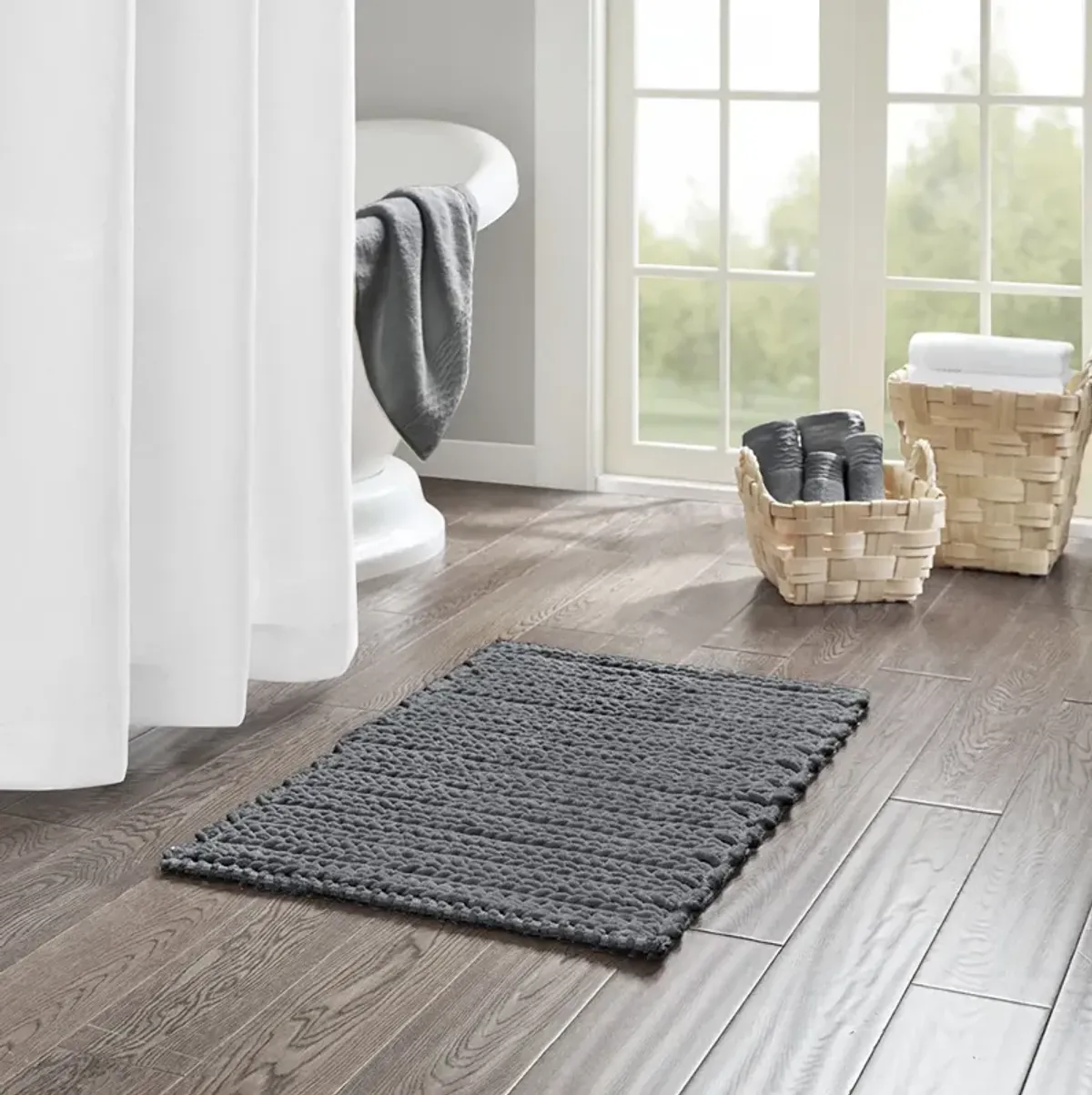 Madison Park Lasso Charcoal 100% Cotton Chenille Chain Stitch Rug