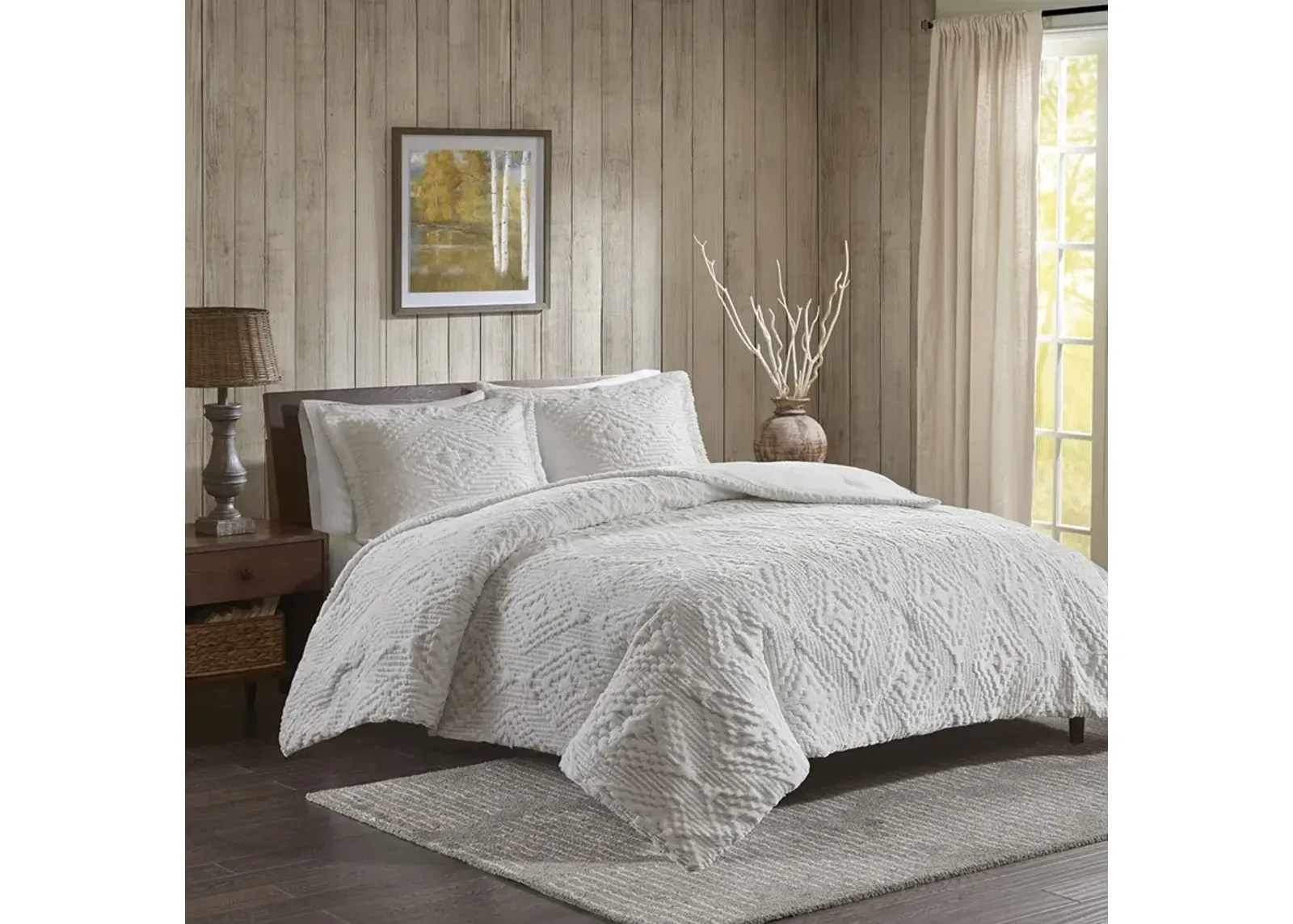 Woolrich Teton Ivory Embroidered Plush Quilt Set