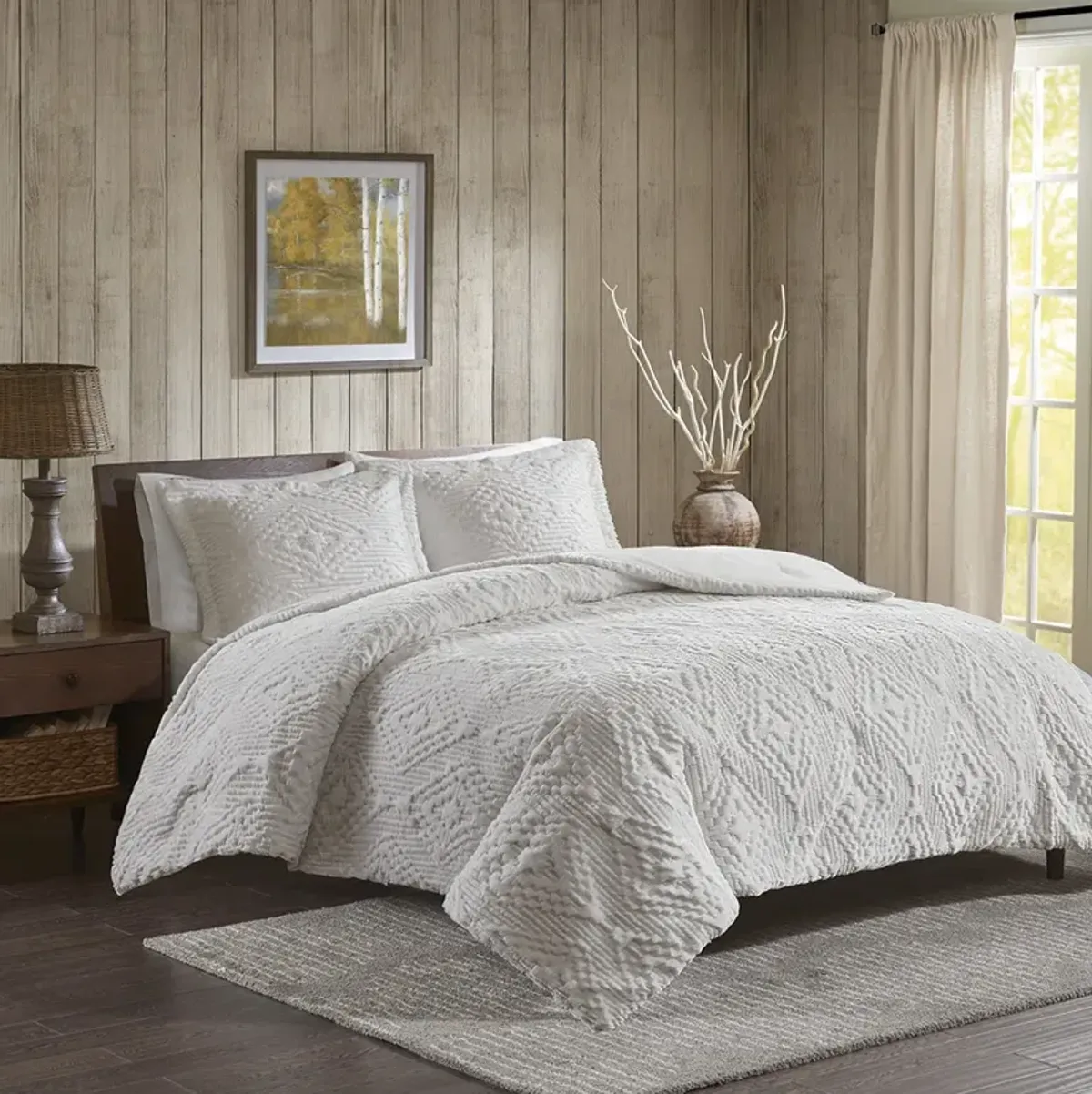 Woolrich Teton Ivory Embroidered Plush Quilt Set