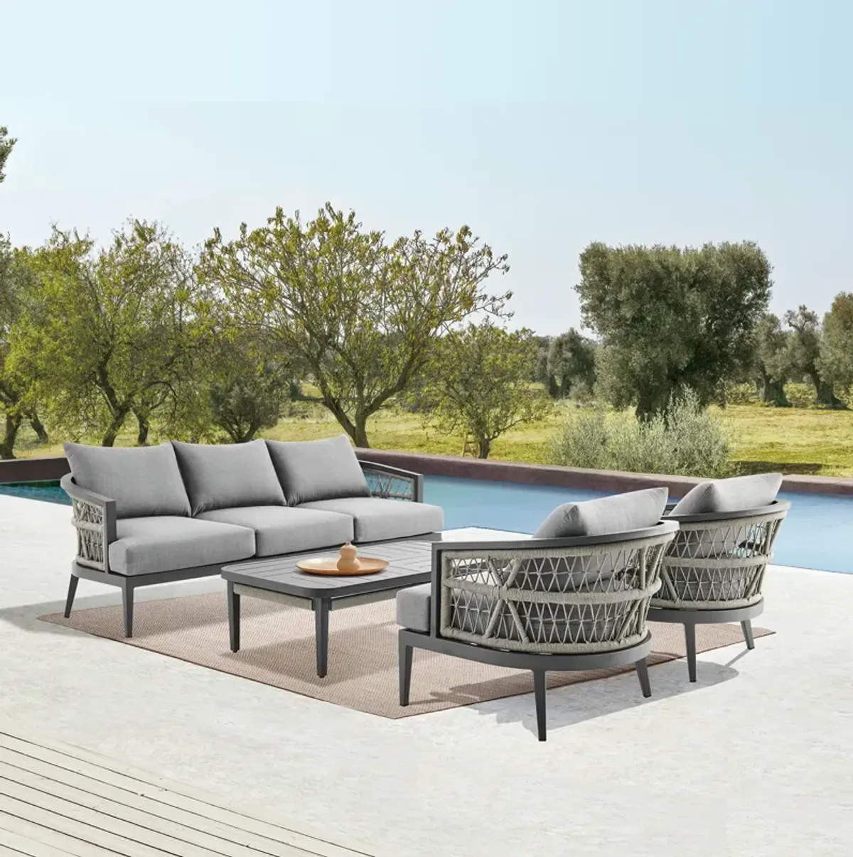 Zella Outdoor Patio 4 Piece Conversation Set in Aluminum with Light Gray Rope and Cushions