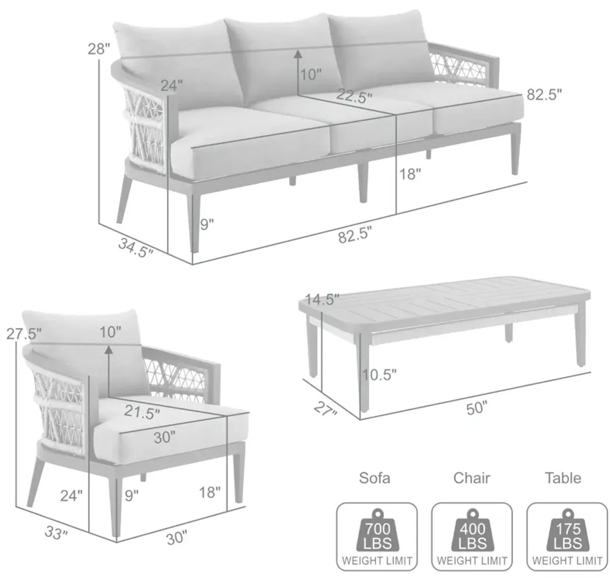 Zella Outdoor Patio 4 Piece Conversation Set in Aluminum with Light Gray Rope and Cushions