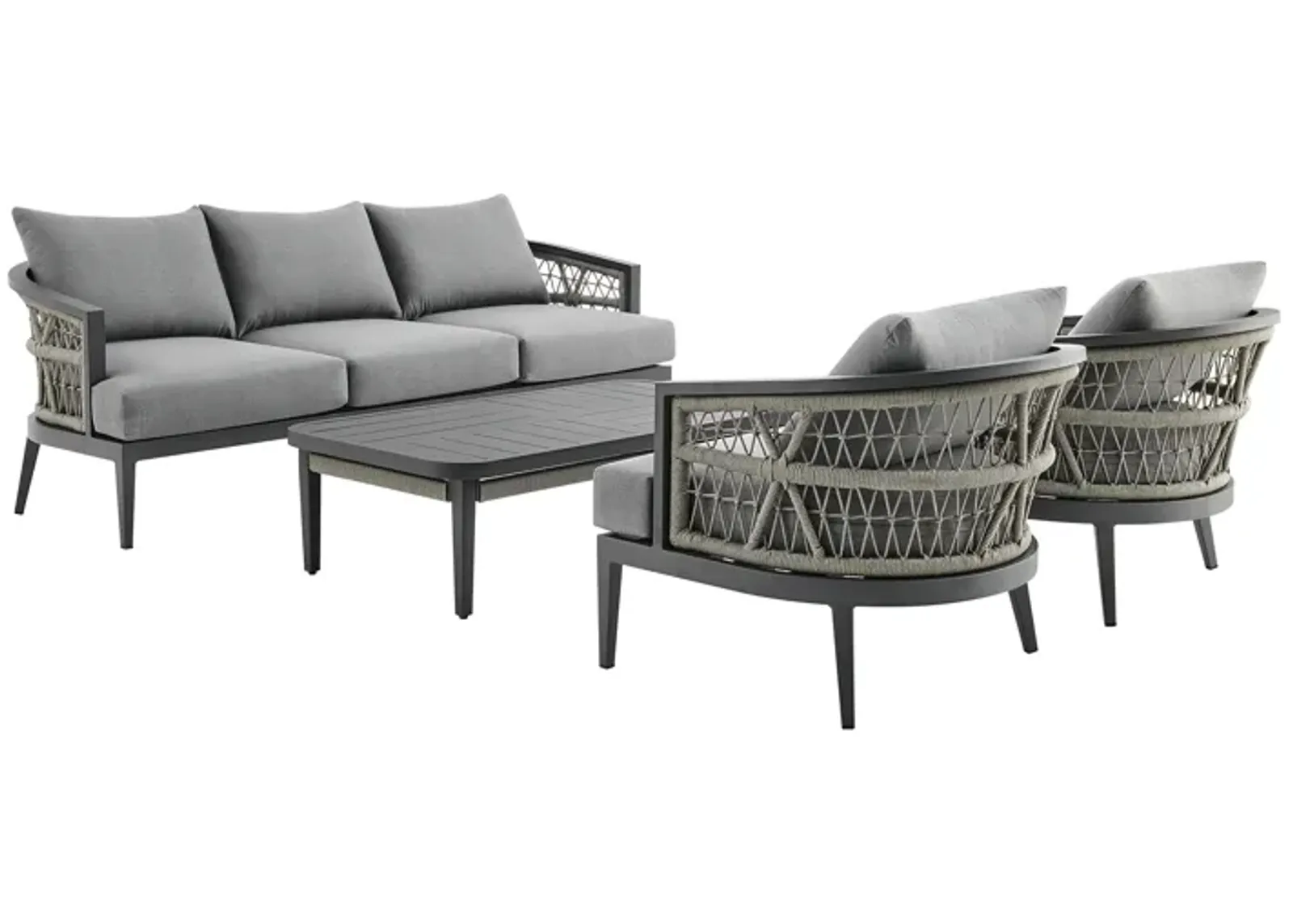 Zella Outdoor Patio 4 Piece Conversation Set in Aluminum with Light Gray Rope and Cushions