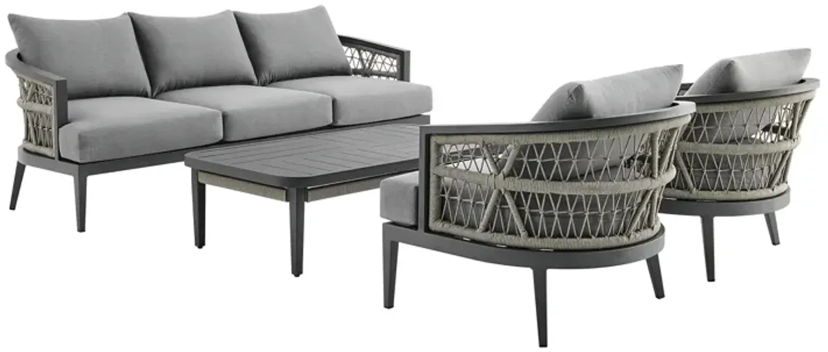 Zella Outdoor Patio 4 Piece Conversation Set in Aluminum with Light Gray Rope and Cushions