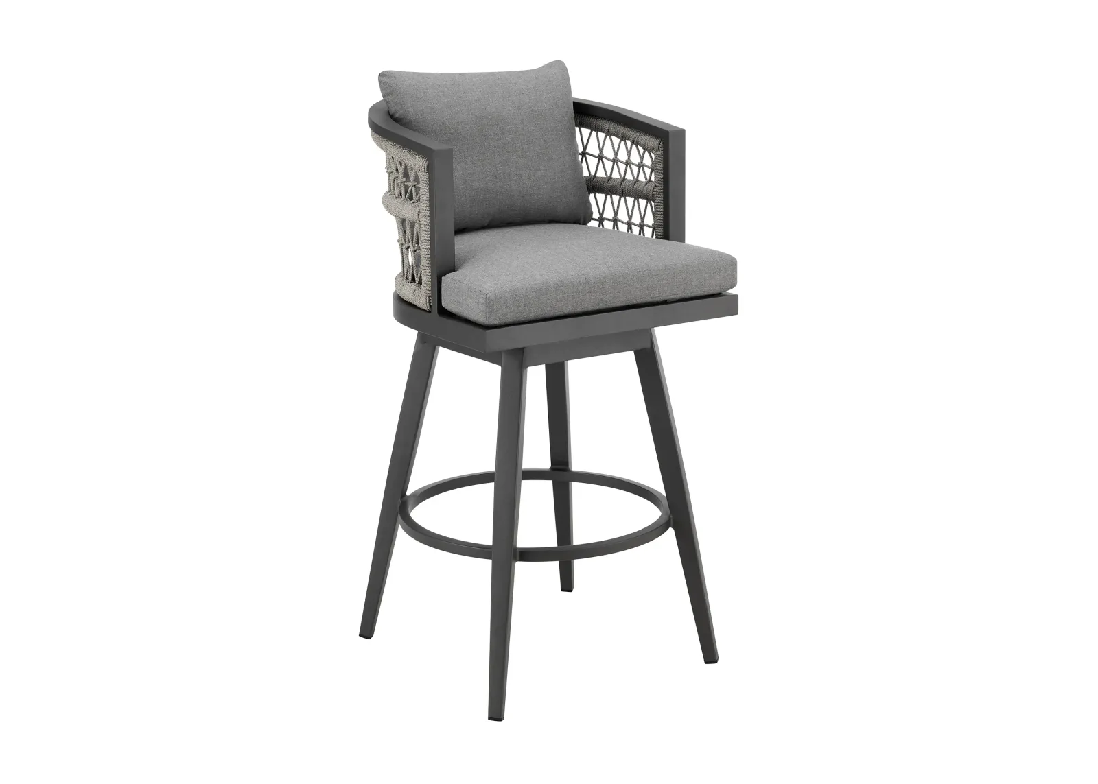 Zella Outdoor Patio Swivel Bar Stool in Aluminum with Light Gray Rope and Earl Gray Cushions