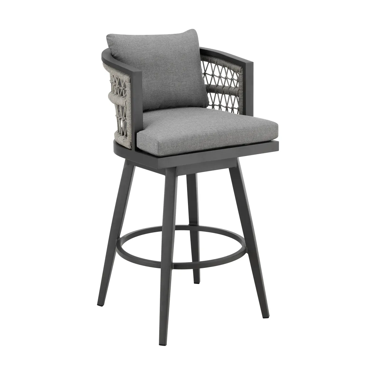 Zella Outdoor Patio Swivel Bar Stool in Aluminum with Light Gray Rope and Earl Gray Cushions